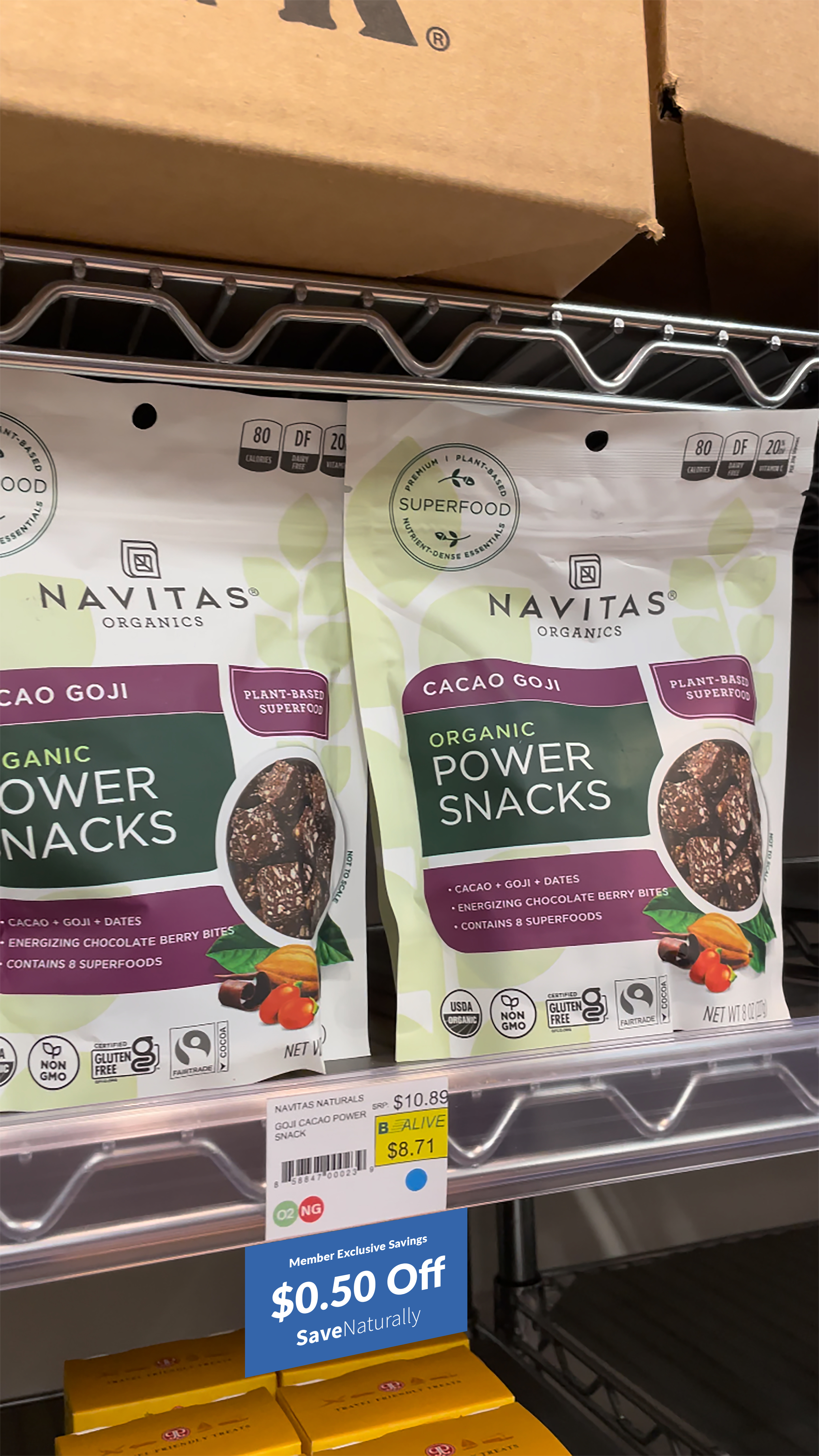 SaveNaturally shelf tags displayed with products in a store